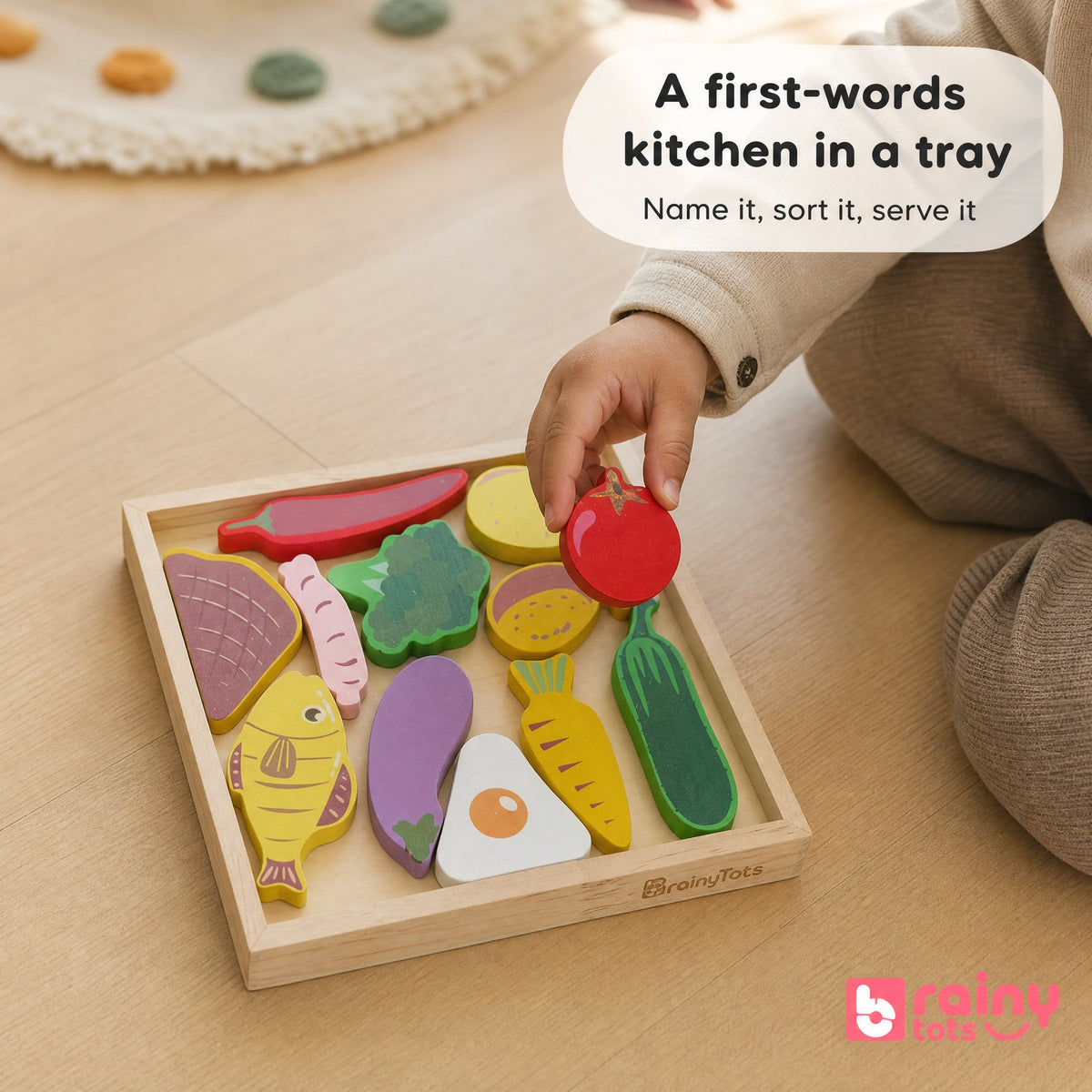Toddler picking up a colorful food piece from the BrainyTots wooden food puzzle while learning food names.