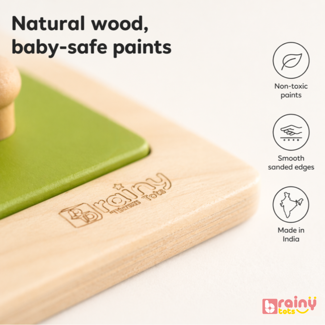 BrainyTots wooden four-shape puzzle showing natural wood pieces with colourful non-toxic painted surfaces.