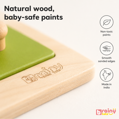 BrainyTots wooden four-shape puzzle showing natural wood pieces with colourful non-toxic painted surfaces.