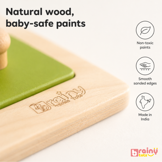 BrainyTots wooden four-shape puzzle showing natural wood pieces with colourful non-toxic painted surfaces.