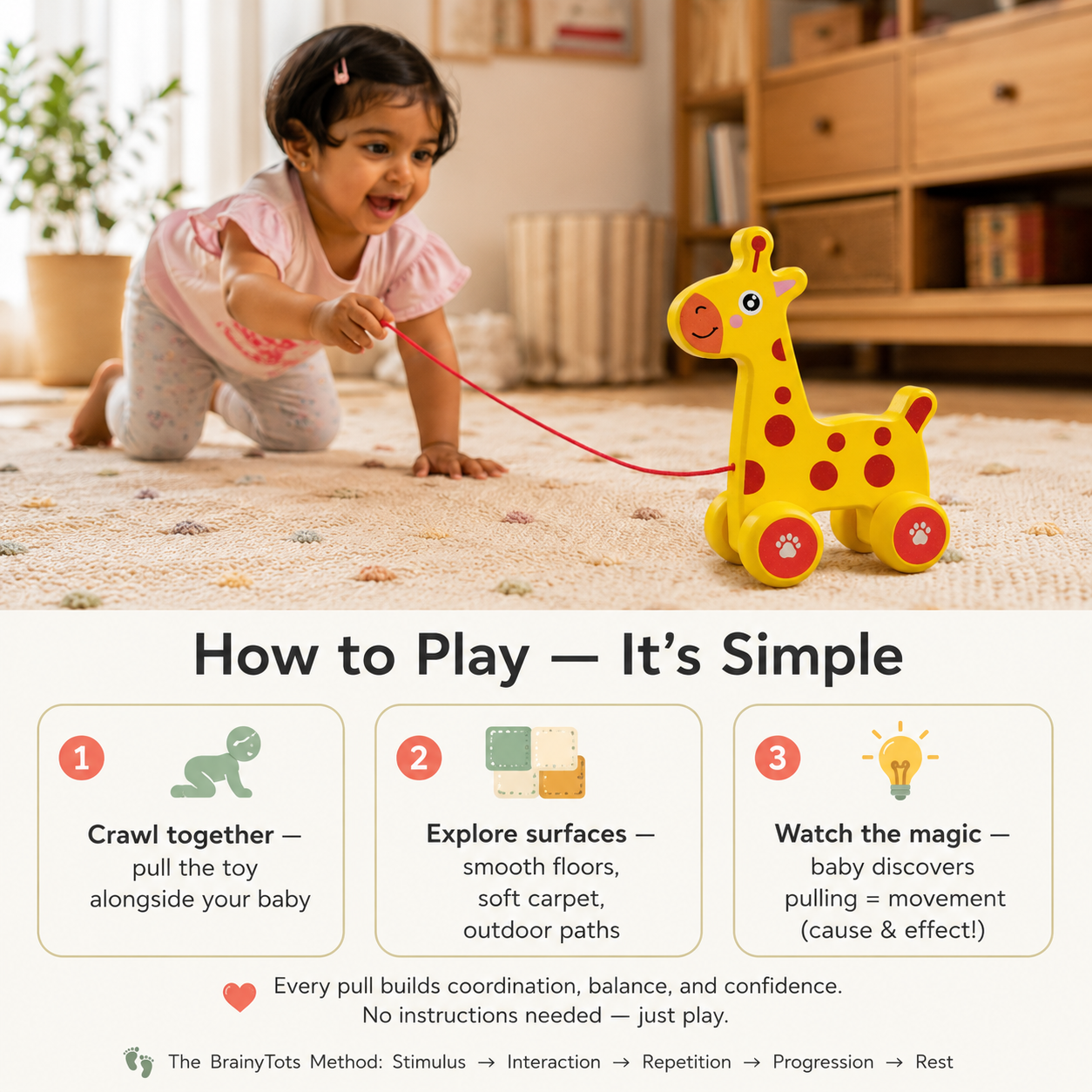 Toddler playing with the BrainyTots Wooden Giraffe Push & Pull Toy, a Montessori pull-along toy for babies 6–24 months that encourages crawling, walking, coordination, independent movement, and cause-and-effect learning.