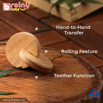 BrainyTots wooden Interlocking Discs toy showing two smooth interlocking wooden discs on a white background.
