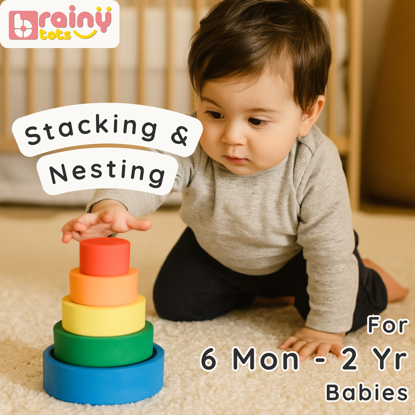 Baby playing with BrainyTots Wooden Nesting Bowls, a Montessori-inspired stacking and nesting toy that develops fine motor skills, hand-eye coordination, size recognition, and early problem-solving for babies aged 6 months to 2 years.