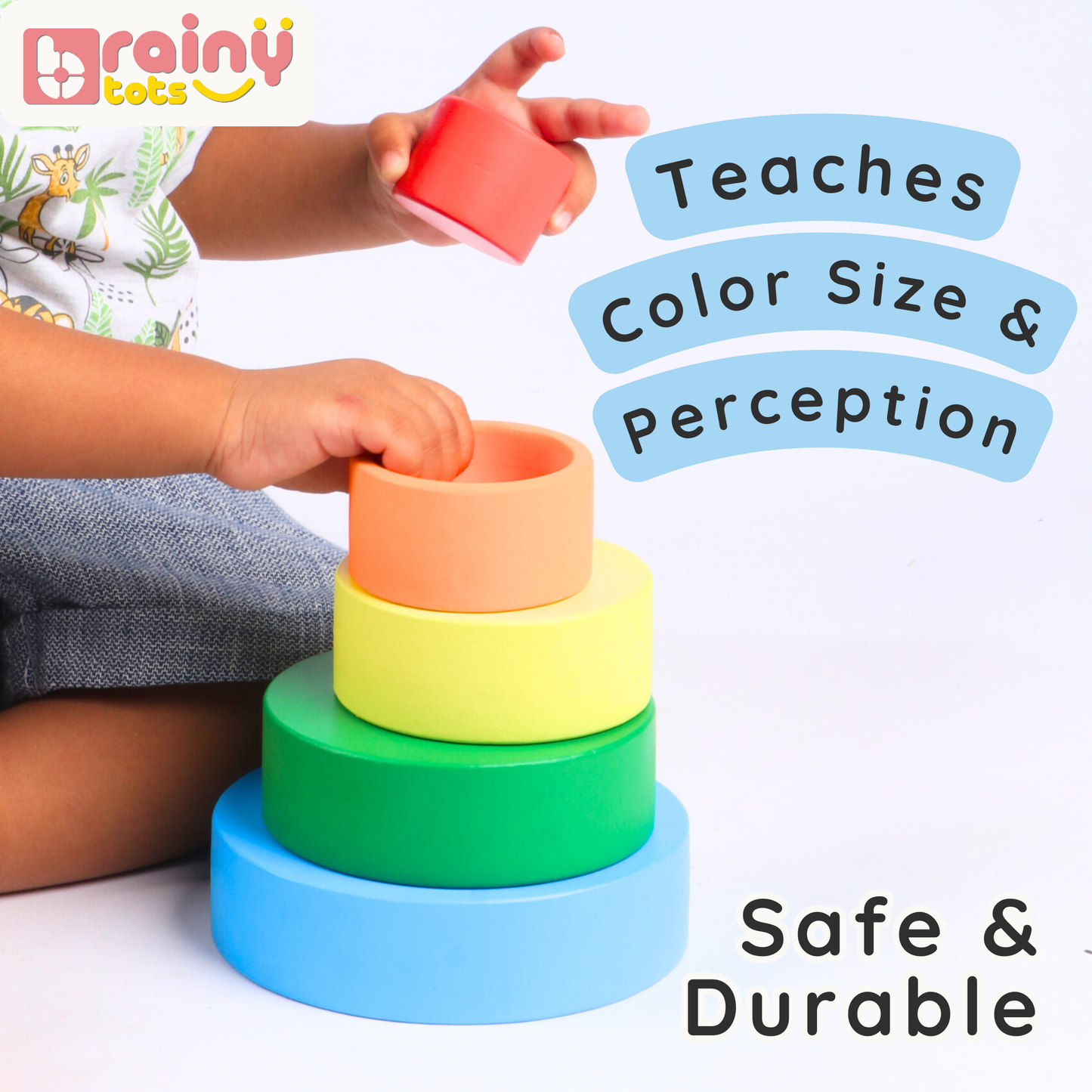 Toddler playing with BrainyTots Wooden Nesting Bowls, a Montessori-inspired stacking and nesting toy that teaches color recognition, size perception, depth awareness, and hand-eye coordination through safe and durable wooden play.