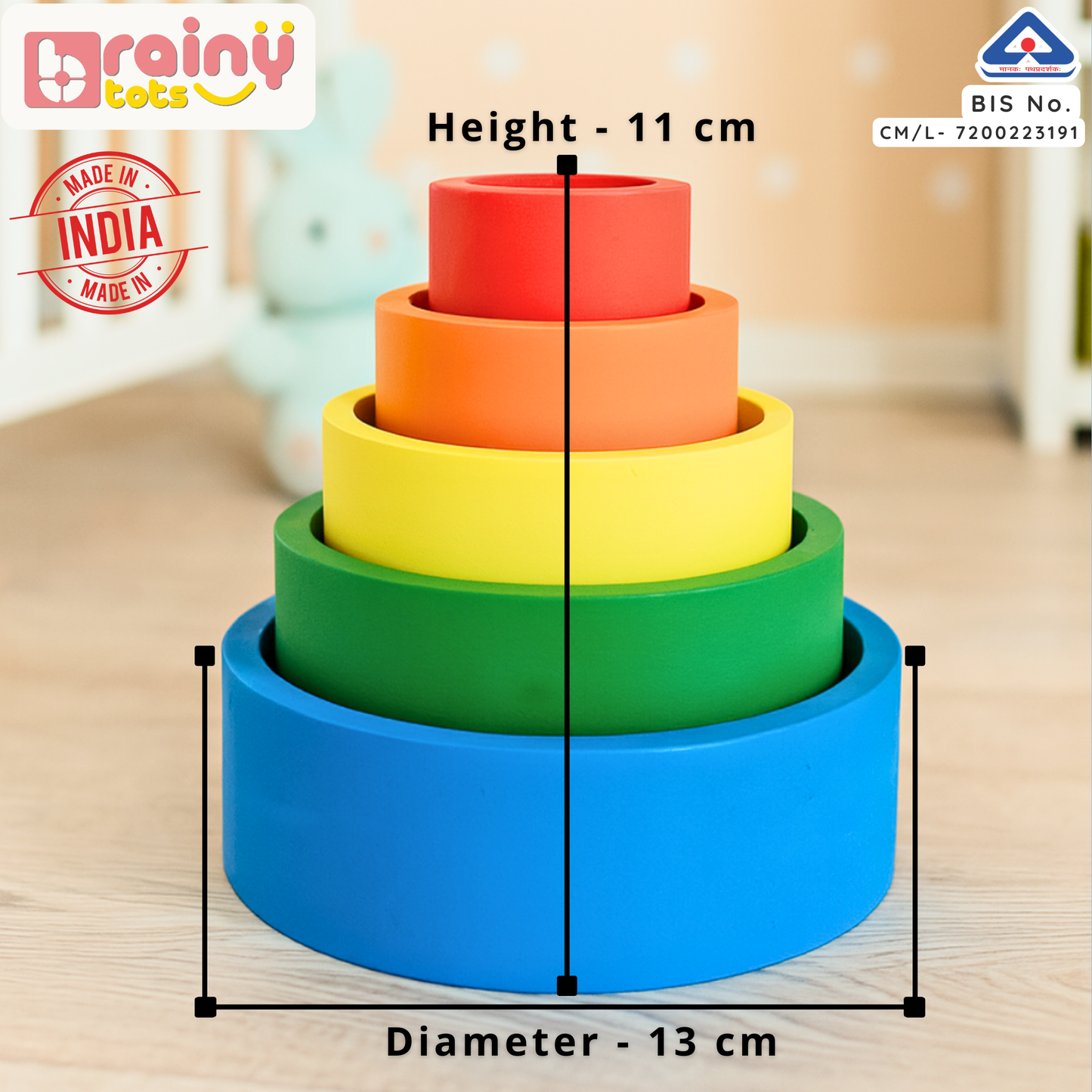 BrainyTots Wooden Nesting Bowls dimensions showing a Montessori-inspired stacking and nesting toy with an 11 cm height and 13 cm diameter, featuring five colorful wooden bowls for babies and toddlers.