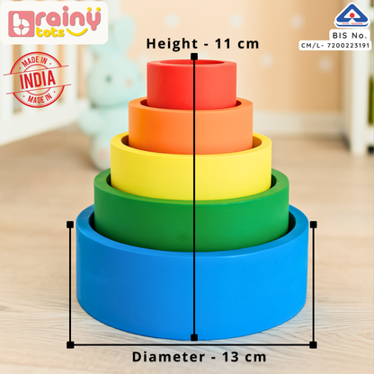 BrainyTots Wooden Nesting Bowls dimensions showing a Montessori-inspired stacking and nesting toy with an 11 cm height and 13 cm diameter, featuring five colorful wooden bowls for babies and toddlers.