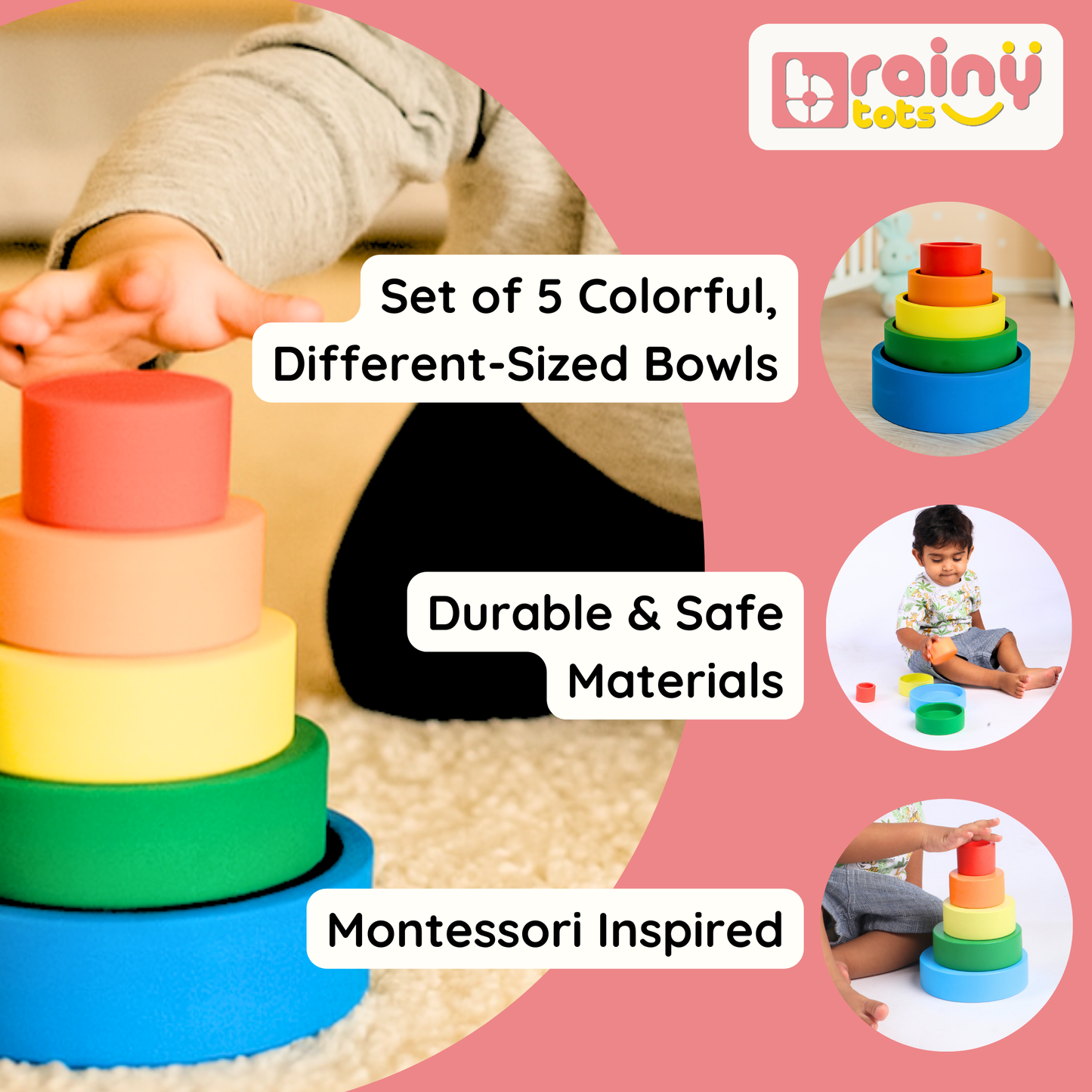 BrainyTots Wooden Nesting Bowls featuring a set of five colorful different-sized wooden bowls made from child-safe materials for Montessori-inspired stacking, nesting, size recognition, and hands-on learning.