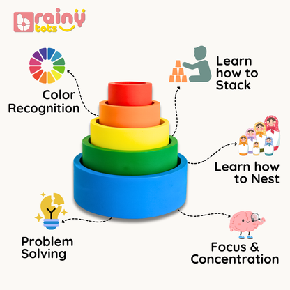 BrainyTots Wooden Nesting Bowls Montessori toy showing colorful stacking bowls that help babies develop color recognition, stacking and nesting skills, problem-solving, focus, concentration, and hand-eye coordination through hands-on play.