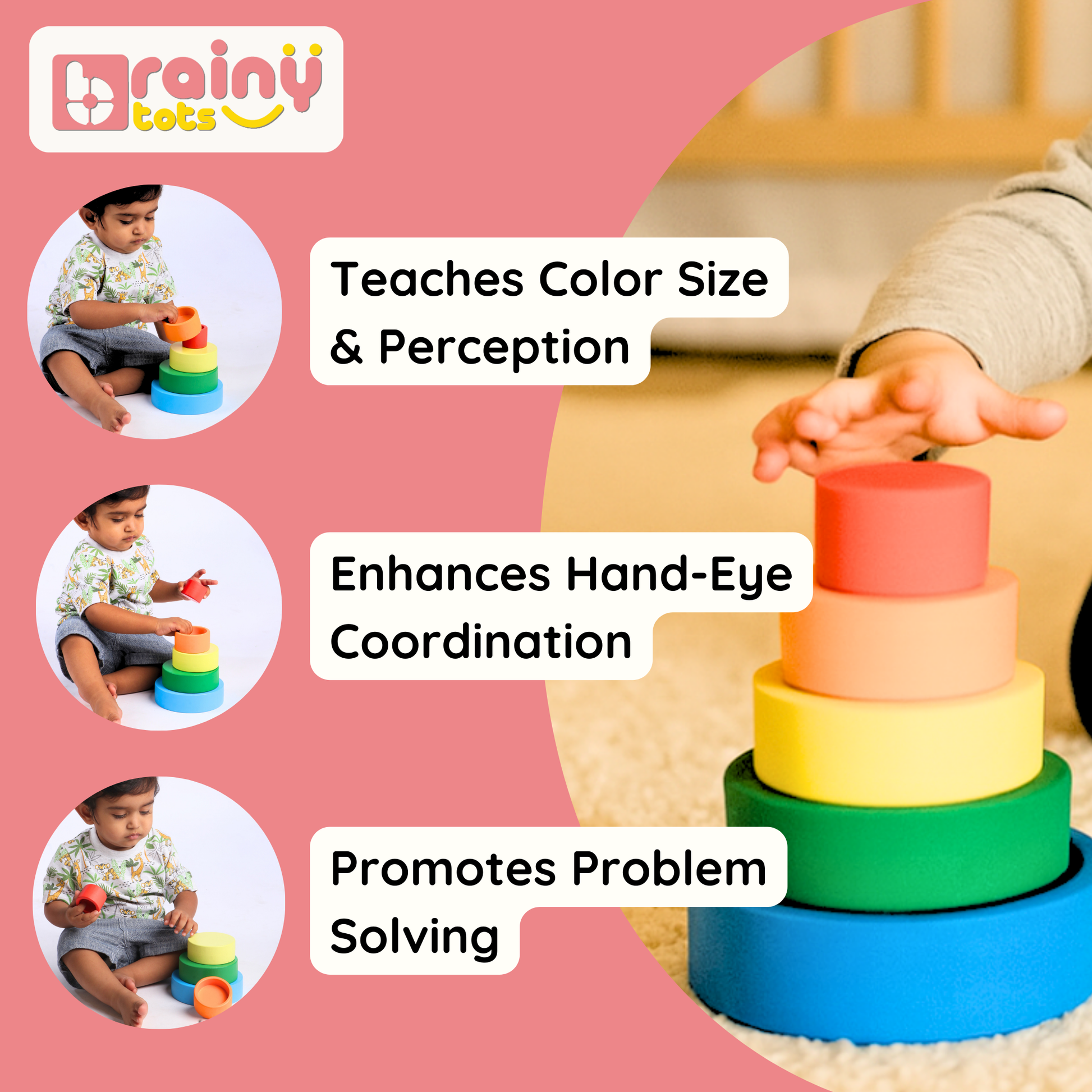 Toddler playing with BrainyTots Wooden Nesting Bowls, a Montessori-inspired stacking toy that teaches color recognition, size perception, hand-eye coordination, fine motor skills, and early problem-solving through hands-on play.