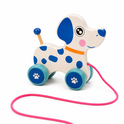 BrainyTots Wooden Puppy Push & Pull Toy for babies 6–24 months, a Montessori pull-along toy that encourages crawling, walking, gross motor skills, hand-eye coordination, and cause-and-effect learning.
