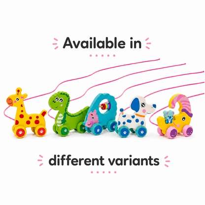 BrainyTots Wooden Push & Pull Toy available in dinosaur, giraffe, elephant, puppy, and hedgehog variants for babies 6–24 months, designed to encourage crawling, walking, and early motor development.