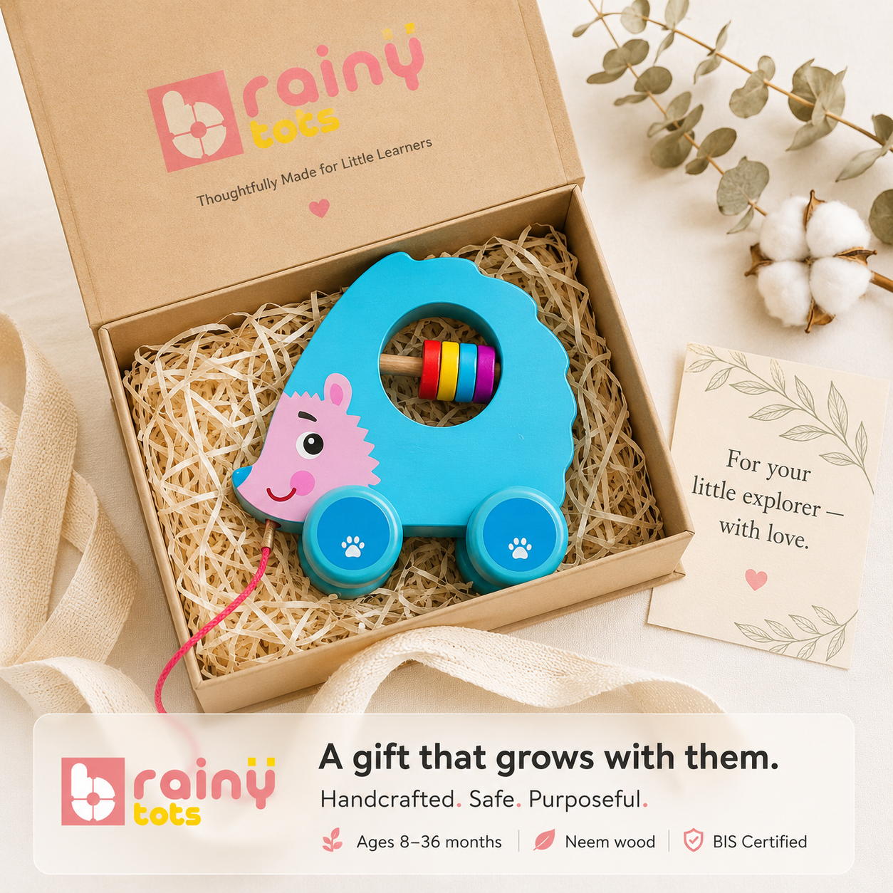 Gift-ready BrainyTots Montessori Wooden Push & Pull Toy beautifully packaged in a premium box, perfect for newborns, baby showers, first birthdays, and early learning.