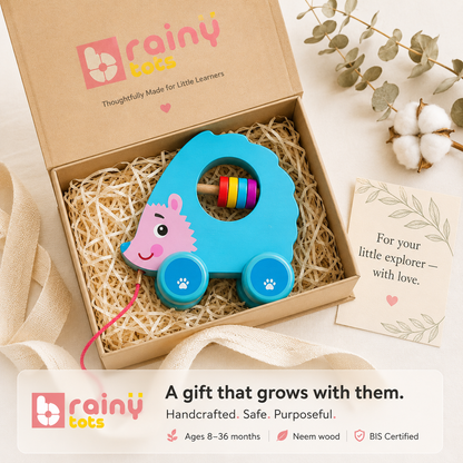 Gift-ready BrainyTots Montessori Wooden Push & Pull Toy beautifully packaged in a premium box, perfect for newborns, baby showers, first birthdays, and early learning.