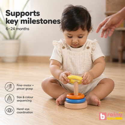 Baby playing with the BrainyTots Wooden Ring Stacker by placing a yellow ring onto the wooden peg, developing fine motor skills, pincer grasp, hand-eye coordination, color recognition, size sequencing, and independent Montessori learning for babies aged 6–24 months.