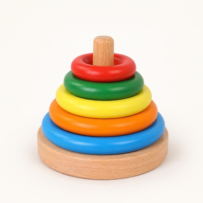 BrainyTots Wooden Ring Stacker Montessori toy with colorful stacking rings made from natural wood, designed for babies aged 6+ months to develop fine motor skills, hand-eye coordination, color recognition, size sequencing, problem-solving, and independent learning through self-directed play.