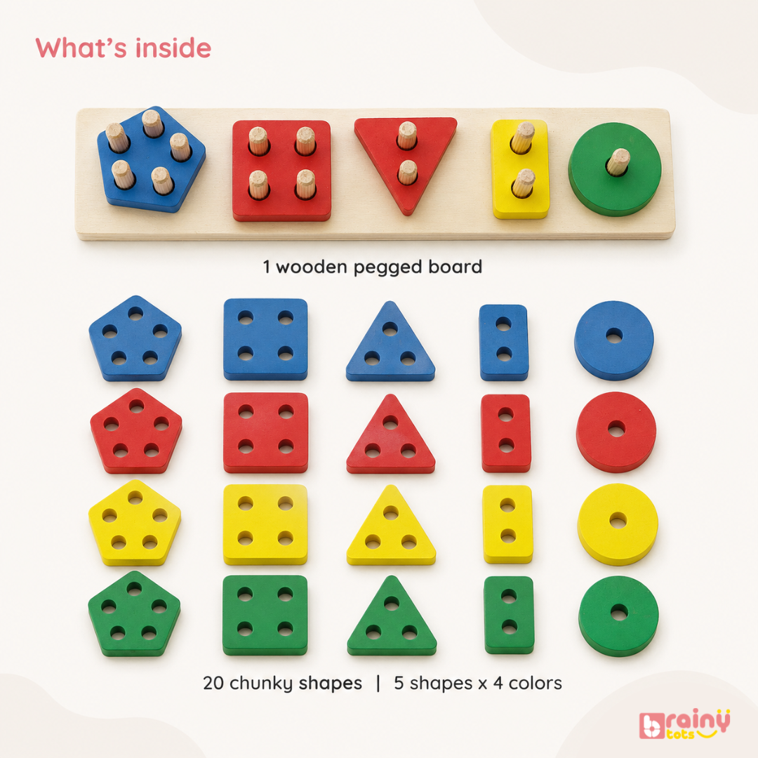 BrainyTots shape sorting board with 20 chunky wooden pieces across five shapes and four colours.