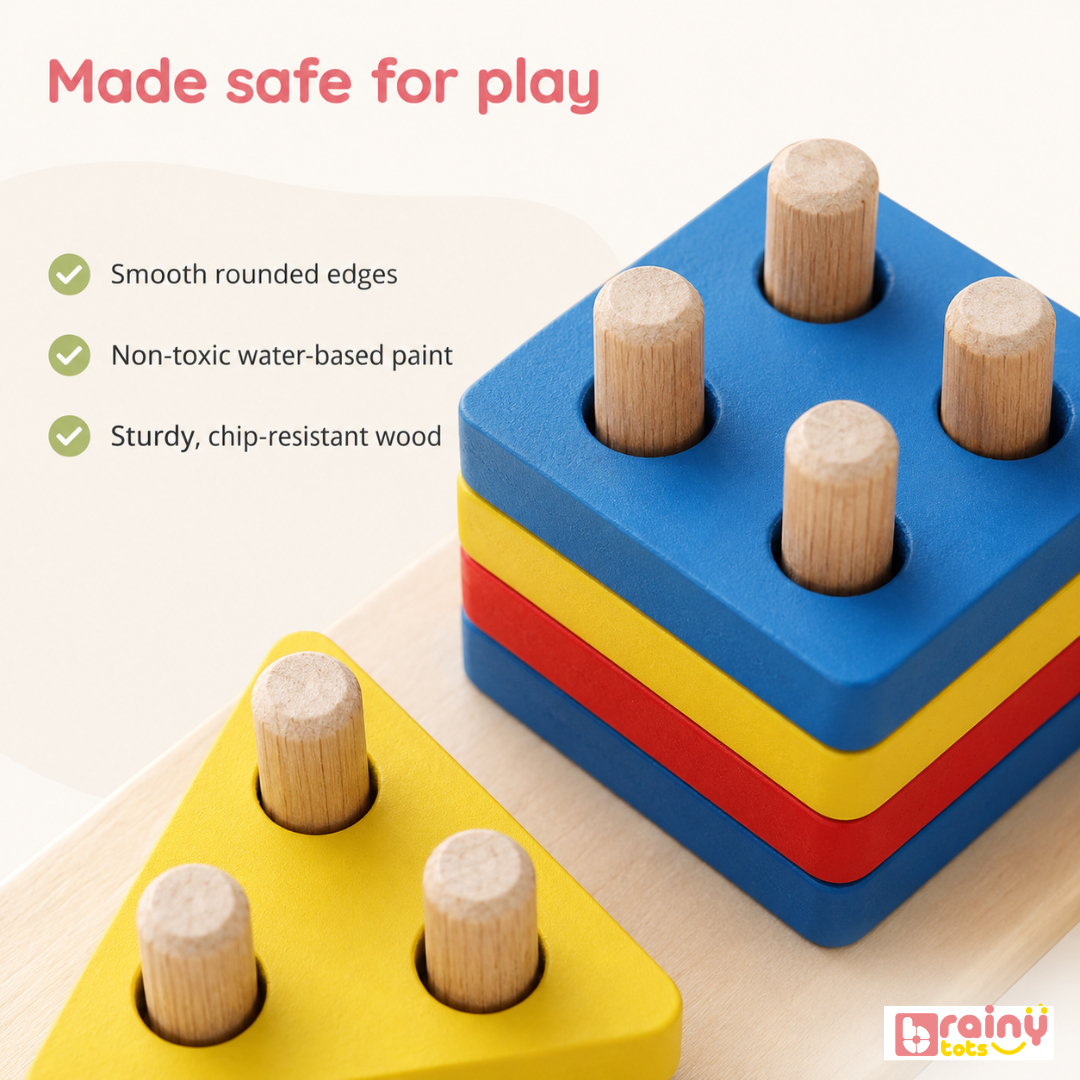 Close-up of BrainyTots wooden shape sorter showing smooth rounded edges, non-toxic water-based paint, and sturdy wood.