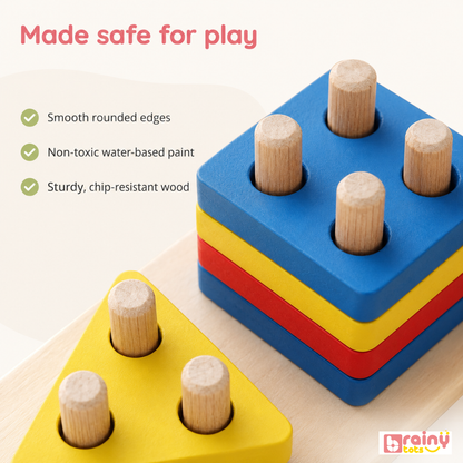Close-up of BrainyTots wooden shape sorter showing smooth rounded edges, non-toxic water-based paint, and sturdy wood.