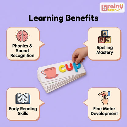 BrainyTots wooden spelling game supporting letter recognition, spelling, phonics, vocabulary, and independent learning.