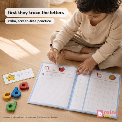 BrainyTots wooden spelling game with illustrated word cards and chunky lowercase alphabet letters for phonics and first-word practice.