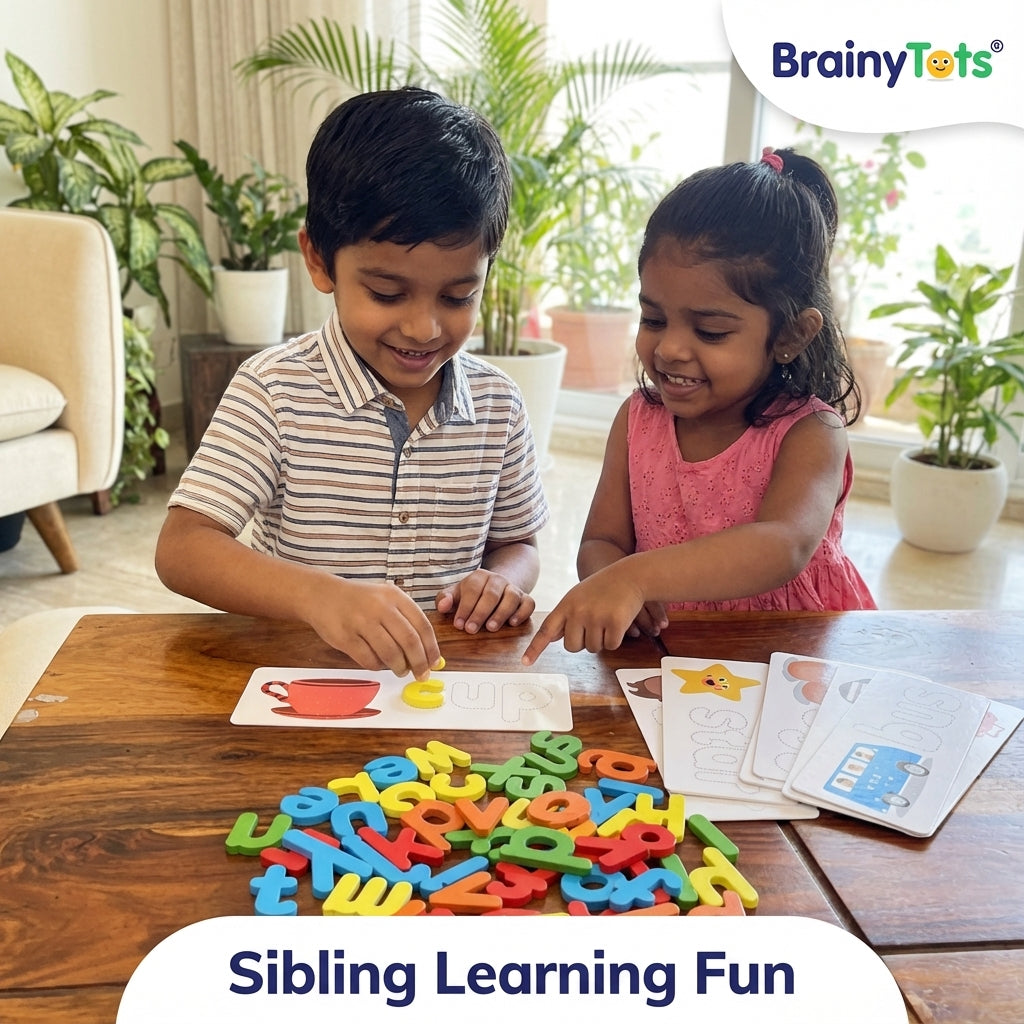 Siblings playing together with the BrainyTots wooden spelling game and illustrated word cards.