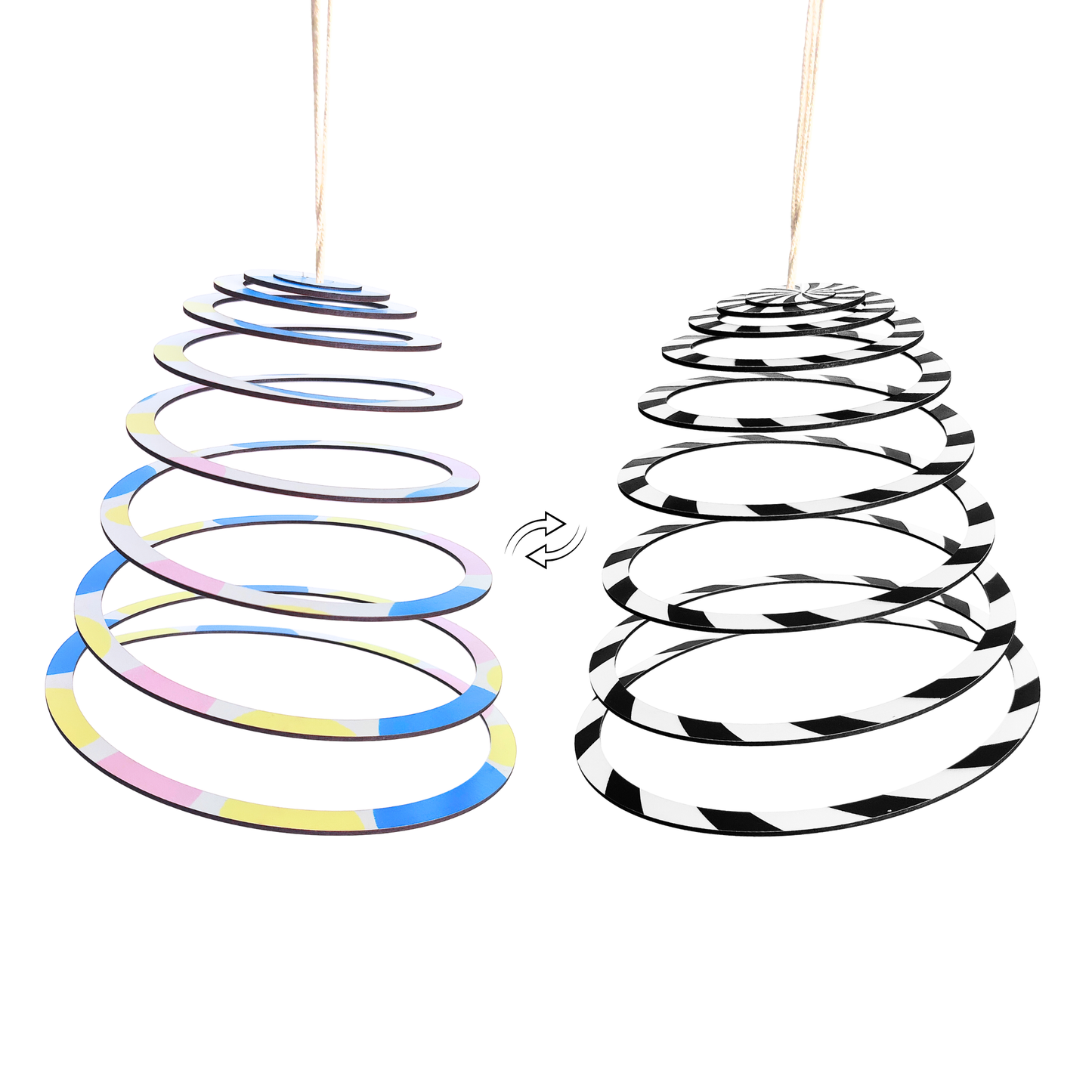 One mobile that grows with your baby. The BrainyTots Dual-Sided Spiral Hanging Mobile begins with high-contrast patterns for newborn vision and transitions to vibrant colors as your baby's eyesight develops, encouraging calm observation, curiosity, and longer attention spans.
