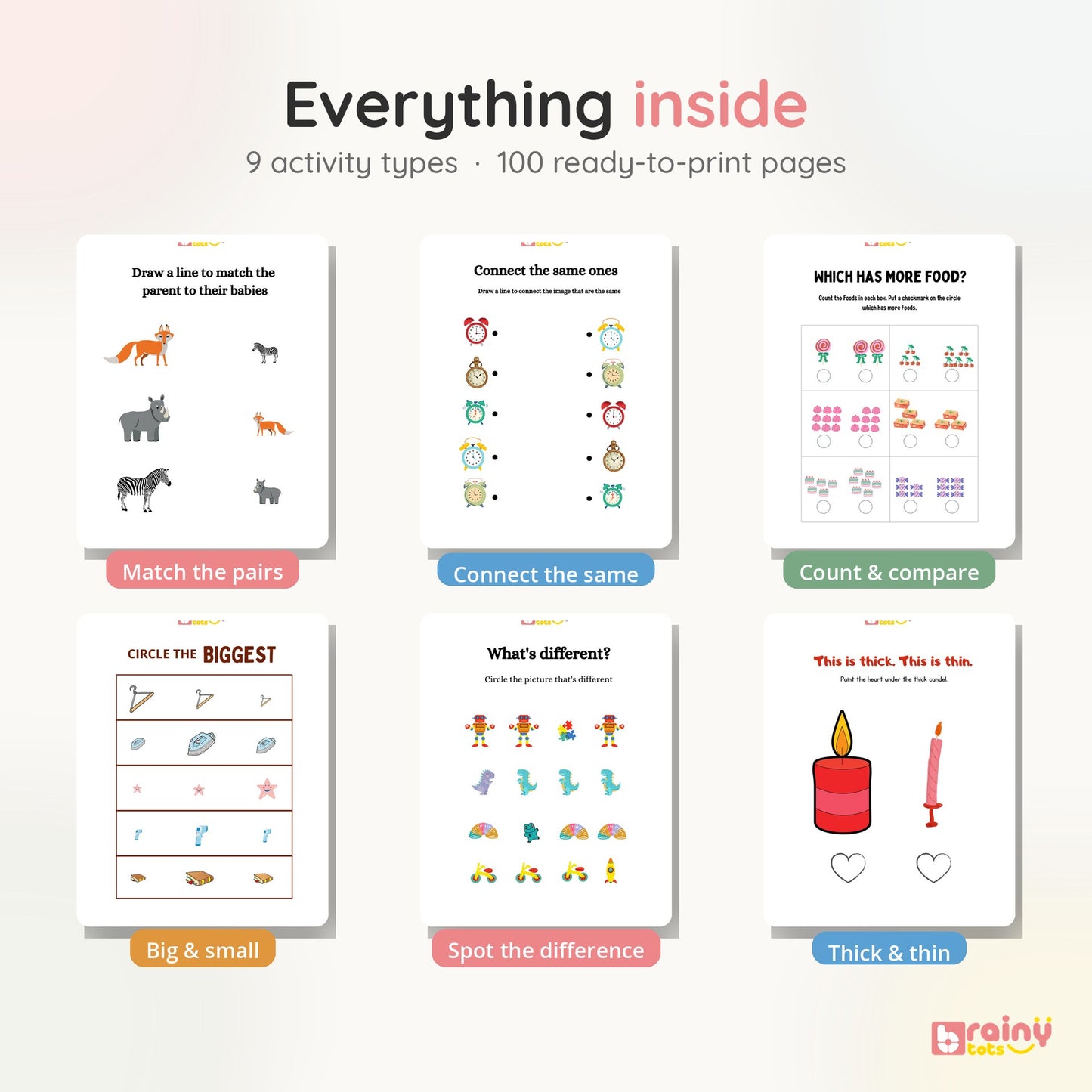 Everything inside — 9 activity types across 100 ready-to-print pages