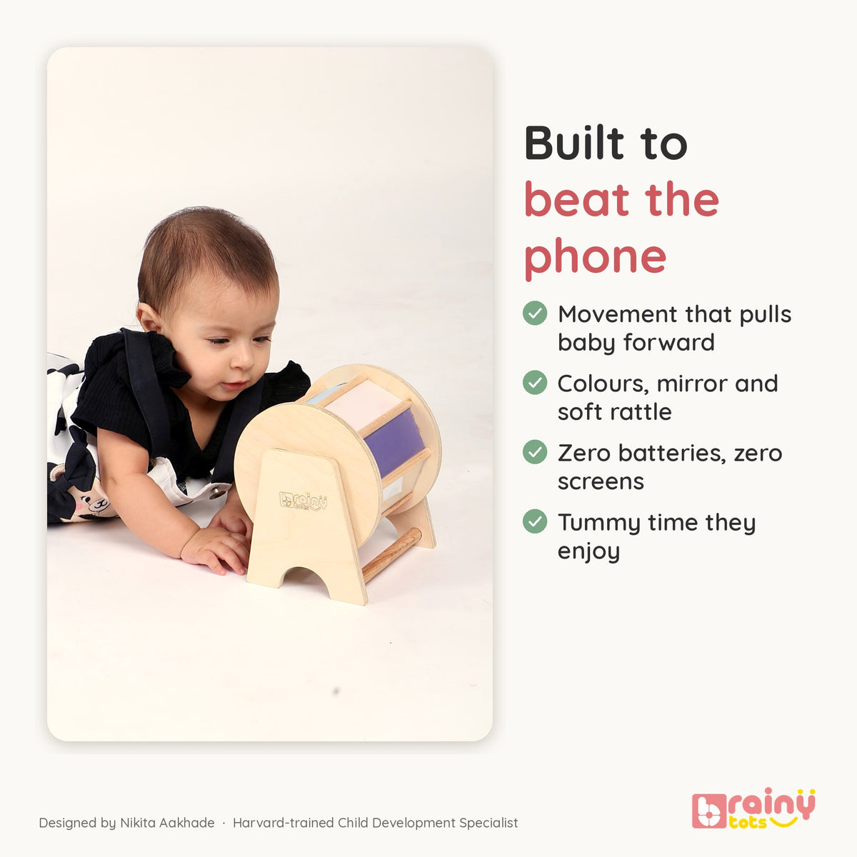 Baby Crawling Combo - Tummy Time Toys Set with Rainbow Spinning Wheel & Neem Wood Rolling Drum