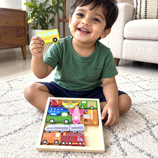 BrainyTots Montessori Wooden Vehicle Tray Puzzle for Toddlers – 12 Vehicles