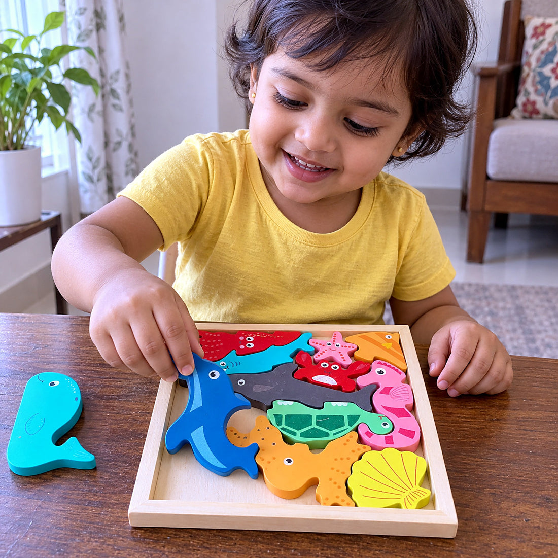 BrainyTots Montessori Sea Animals Square Puzzle- 12 miniature ocean animals · spatial reasoning · pretend play · wooden puzzle tray