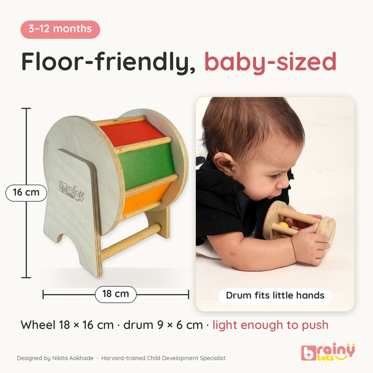 Baby Crawling Combo - Tummy Time Toys Set with Rainbow Spinning Wheel & Neem Wood Rolling Drum