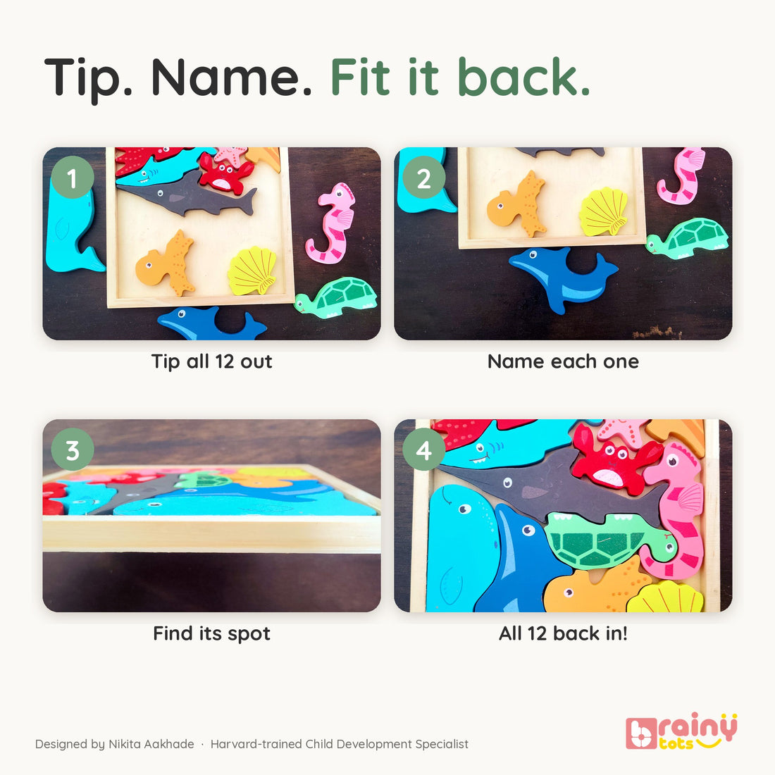BrainyTots Montessori Sea Animals Square Puzzle- 12 miniature ocean animals · spatial reasoning · pretend play · wooden puzzle tray