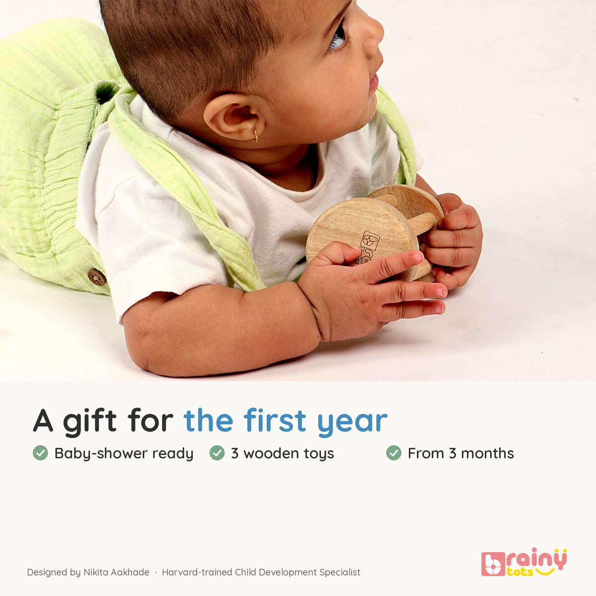 Tummy Time Discovery Kit - Montessori Wooden Baby Gift Set (3 Toys)