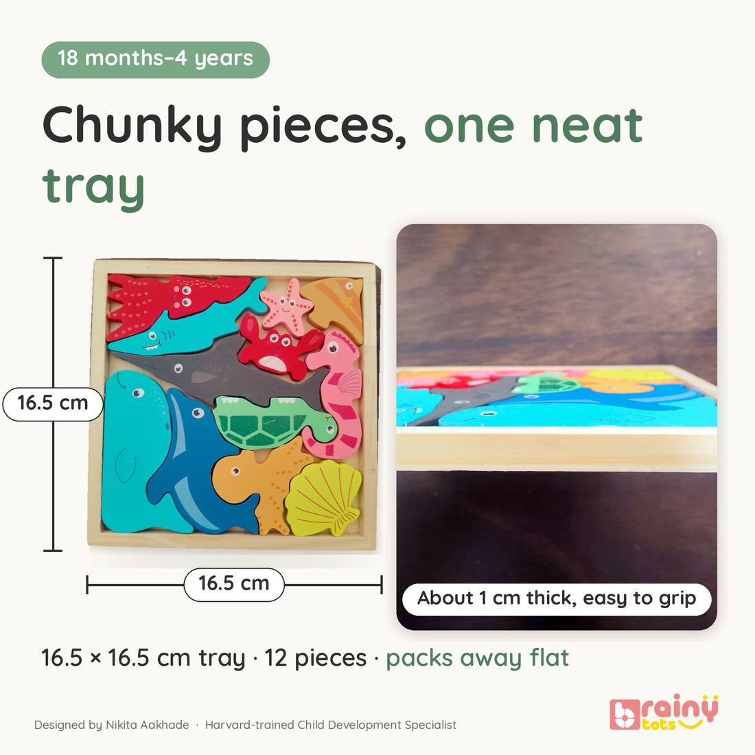 BrainyTots Montessori Sea Animals Square Puzzle- 12 miniature ocean animals · spatial reasoning · pretend play · wooden puzzle tray