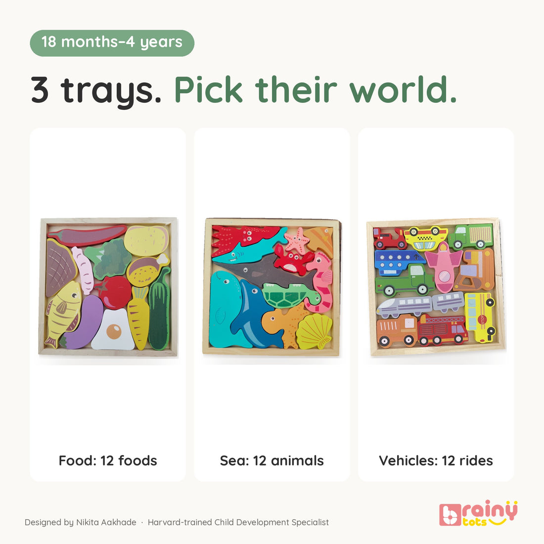 BrainyTots Montessori Sea Animals Square Puzzle- 12 miniature ocean animals · spatial reasoning · pretend play · wooden puzzle tray