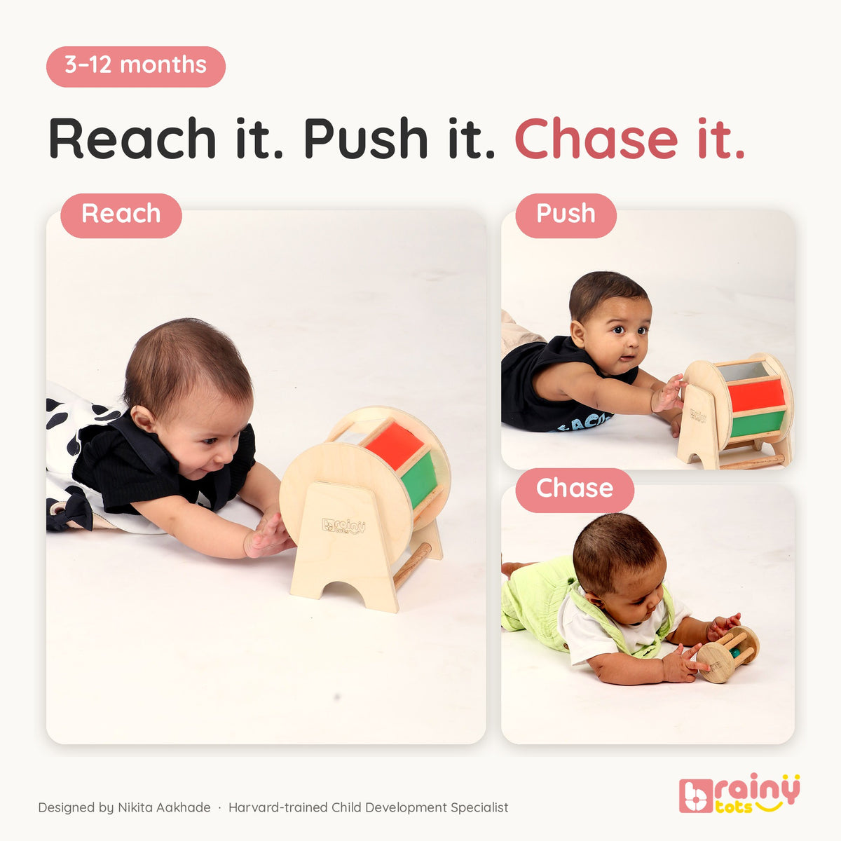 Baby Crawling Combo - Tummy Time Toys Set with Rainbow Spinning Wheel & Neem Wood Rolling Drum