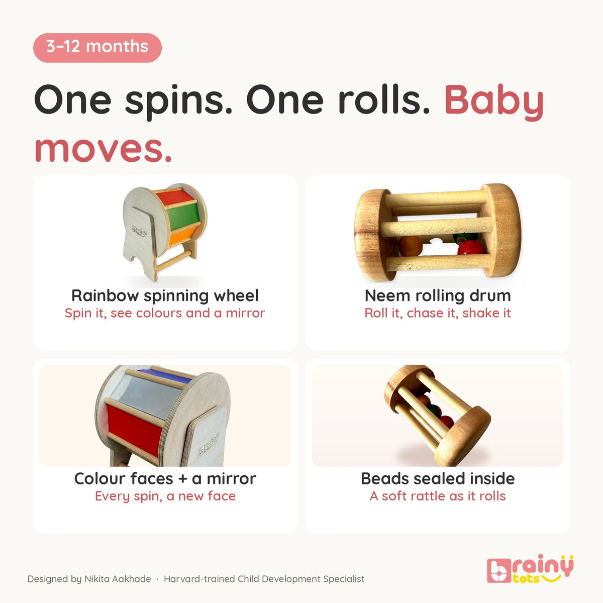 Baby Crawling Combo - Tummy Time Toys Set with Rainbow Spinning Wheel & Neem Wood Rolling Drum