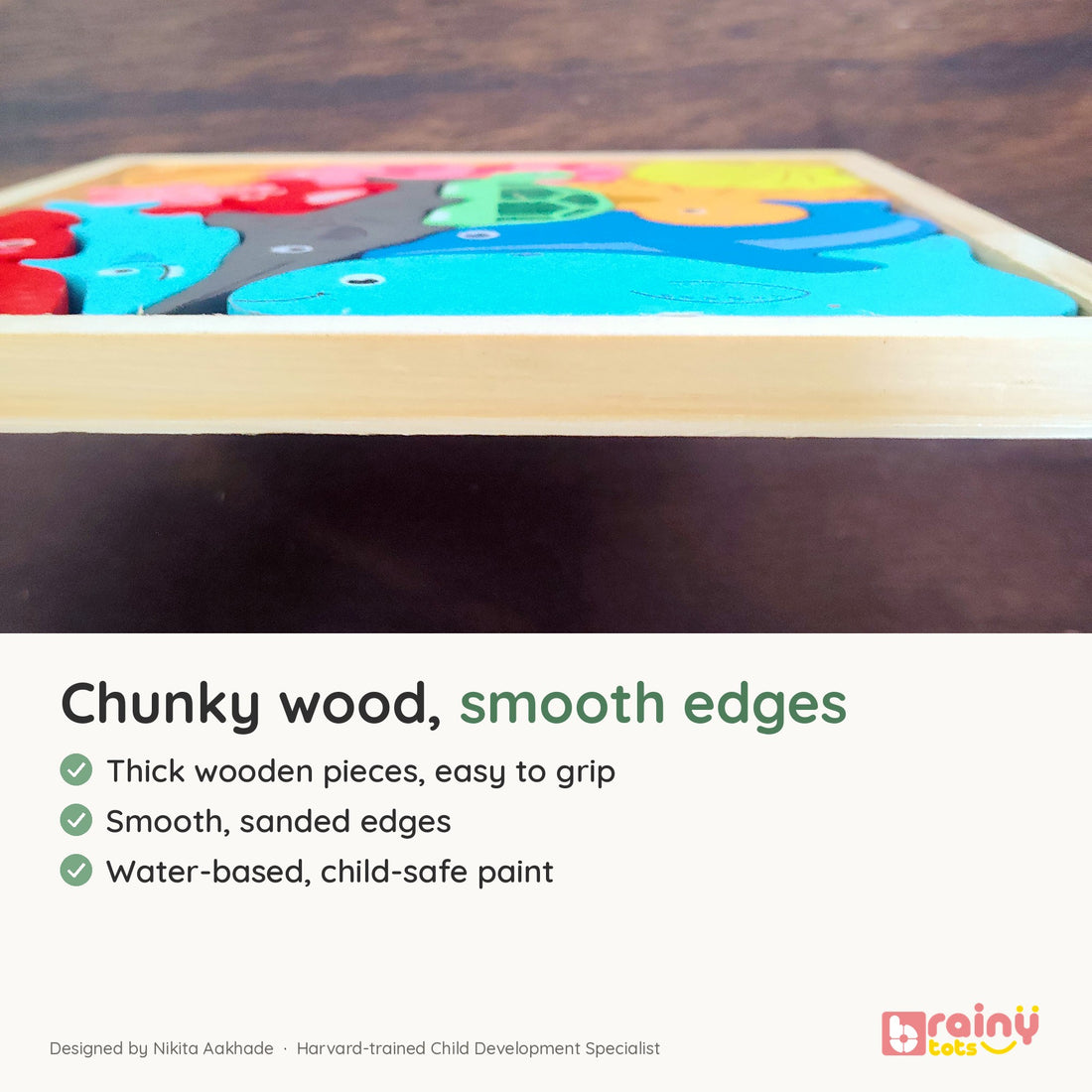 BrainyTots Montessori Sea Animals Square Puzzle- 12 miniature ocean animals · spatial reasoning · pretend play · wooden puzzle tray