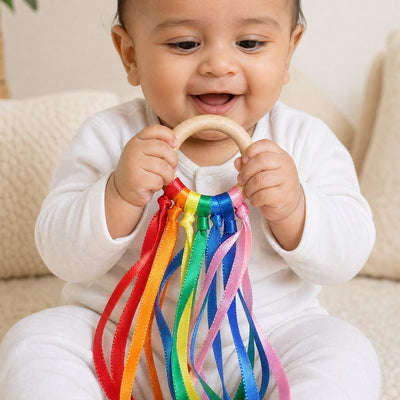 Montessori Rainbow Ribbon Teether – Rainbow Grip & Gum Soother Wooden Teething Toy for Newborns 0-3 Years