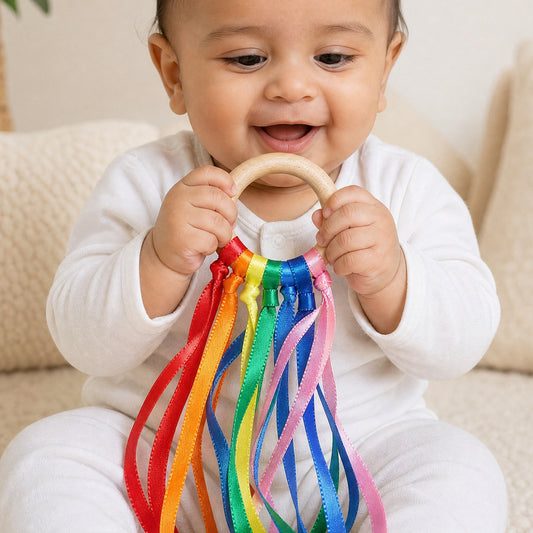 Montessori Rainbow Ribbon Teether – Rainbow Grip & Gum Soother Wooden Teething Toy for Newborns 0-3 Years