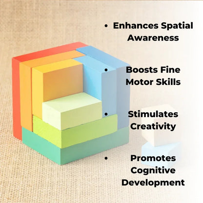 BrainyTots Geometric Rainbow Blocks helping children develop spatial awareness, fine motor skills, creativity, and cognitive development through open-ended Montessori play.