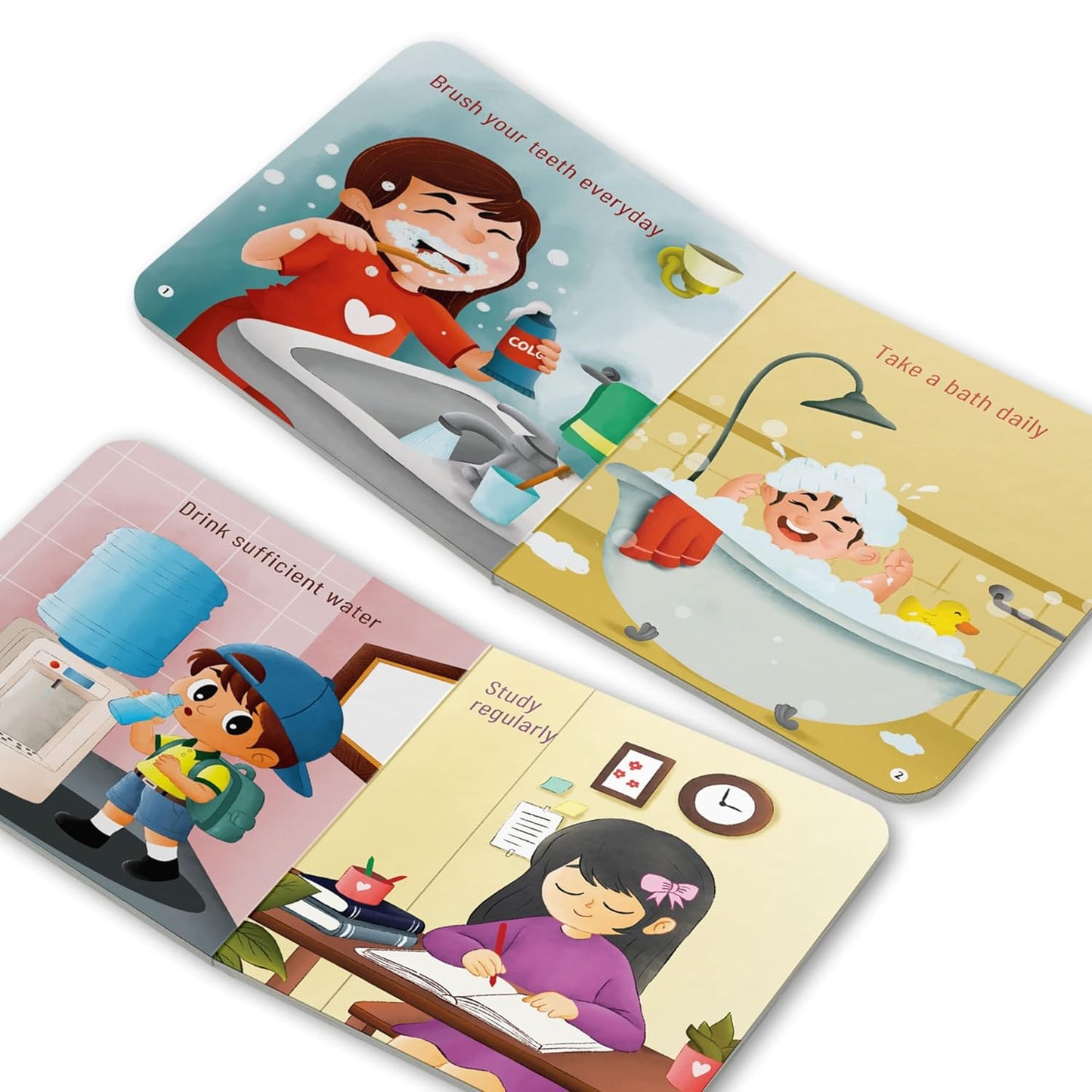 Inside pages of the BrainyTots Good Habits Board Book teaching toddlers healthy daily routines including brushing teeth, taking a bath, drinking enough water, and studying regularly through colorful illustrations for children aged 1–4 years.
