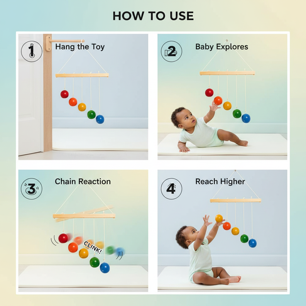 Instructions on how to use a colorful baby toy with balls and a chain reaction.