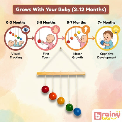 Infographic showing how a baby grows with a mobile toy, labeled 'Grows With Your Baby (2-12 Months)' by Rainytots.