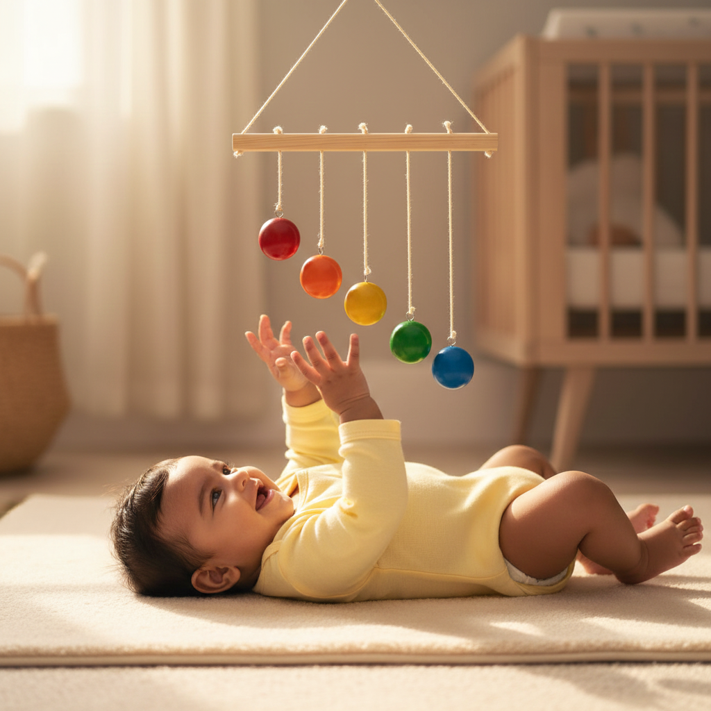 Baby lying on a rug playing with a colorful mobile in a nursery.