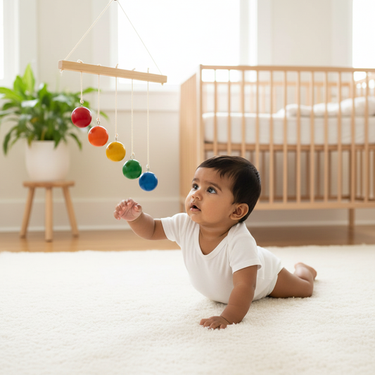 Baby crawling on a carpeted floor with a colorful mobile hanging above