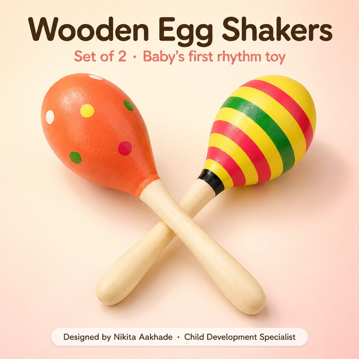 BrainyTots Montessori Wooden Egg Shakers set of 2, colorful baby sensory rattles designed to encourage auditory development, grip strength, hand-eye coordination, and early rhythm exploration for babies aged 0–18 months.