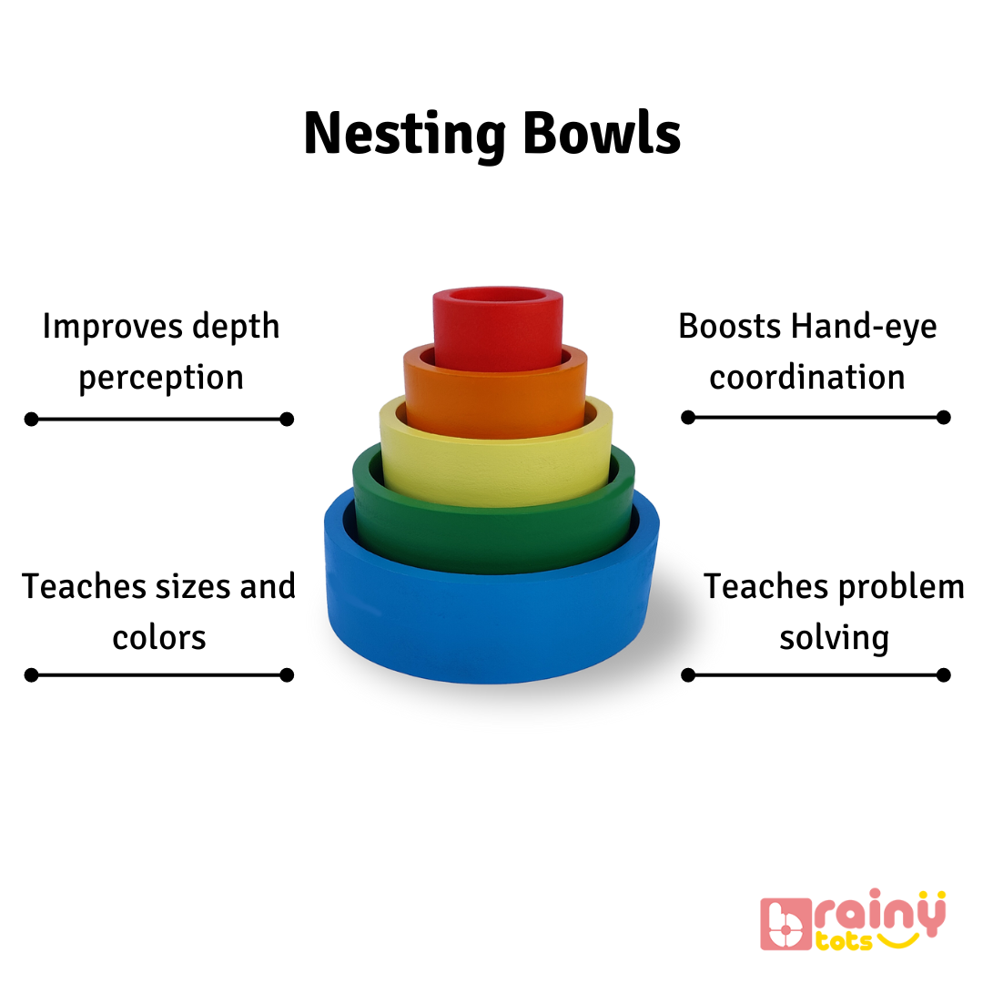 Nesting bowls offer numerous benefits for babies aged 6 months and up. They enhance problem-solving skills, fine motor abilities, and cognitive development. These Montessori toys, made from safe, durable materials, are ideal for stacking, sorting, and sensory exploration. Perfect for early learning and interactive play.