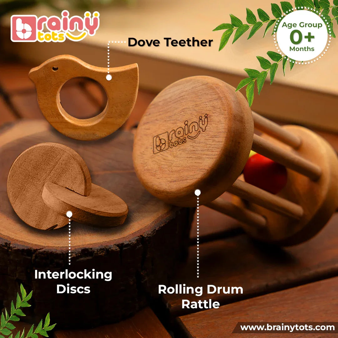 Neem Wood Teether Gift Set for newborns featuring a Dove Teether, Interlocking Discs, and Rolling Drum Rattle made from natural Neem wood to support teething relief, sensory exploration, fine motor skills, hand-eye coordination, and Montessori-inspired early learning for babies aged 1 month and above.