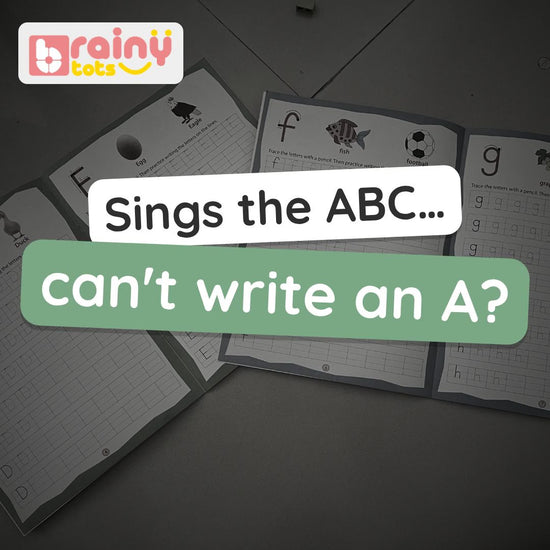 BrainyTots Alphabet Tracing Workbooks video: two big workbooks, capitals A–Z and small letters a–z, with dotted letters to trace and picture words to say. Ages 3–6.